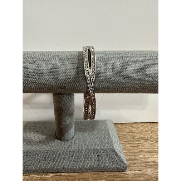 Clear Rhinestone Hinged Bracelet Silver Tone Criss Cross Bangle Fashion Jewelry - Picture 2 of 11